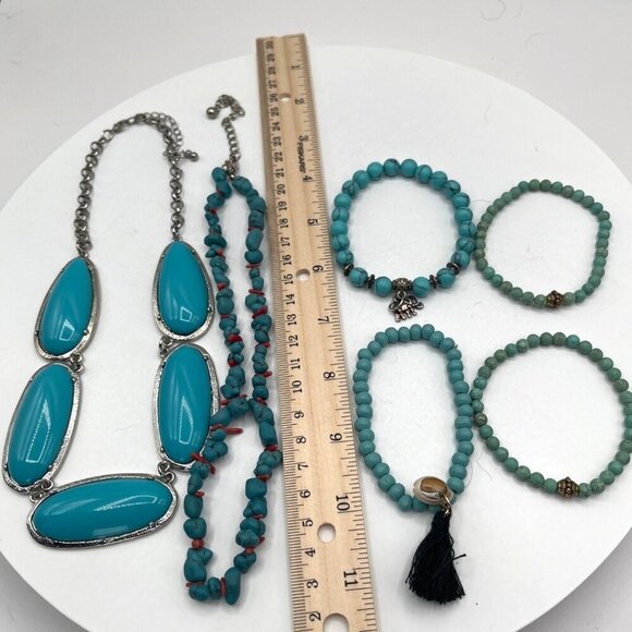 Vintage Turquoise & Silver Statement Necklace Bracelet Set Southwest Boho Coral - Picture 7 of 7